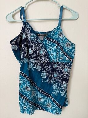 Self Esteem Tank Top Women's Size 18/20 Teal & Navy Patterned Spaghetti Strap